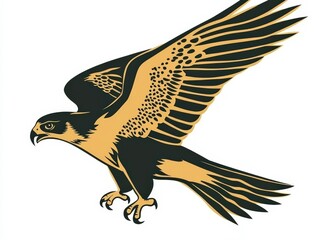 Naklejka premium Stylish illustration of a soaring falcon with striking golden and black colors, showcasing its powerful wings and sleek body in flight against a plain background