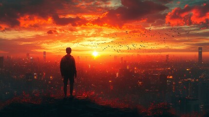 Fototapeta premium Person on hilltop overlooking city at sunrise with birds in flight under colorful sky