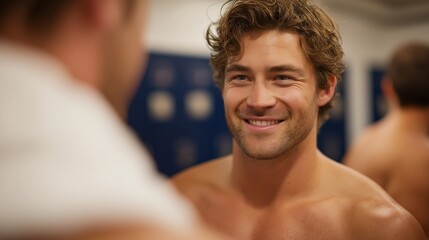 A friendly gym locker room filled with fit male friends after workout