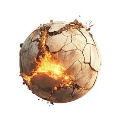 Crumbling earth ball with fiery cracks on a Transparent background reveals a dramatic natural phenomenon, Crumbling earth ball with fire cracks