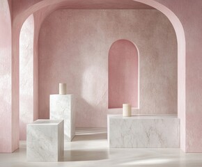 Pastel pink arched room with marble pedestals and cylindrical objects
