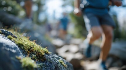Group of Friends Trekking on Mountain Trail Embracing Fitness Outdoors