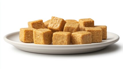 Delicious and Crunchy Cubes of Savory Snack Food Arranged Neatly on a White Plate against a Minimalist Background