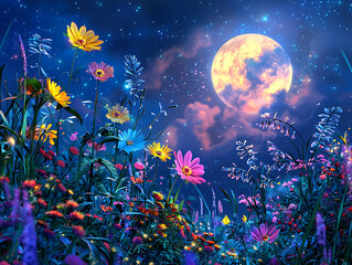 Naklejka premium Whimsical Flower Moon night garden, fantastical glowing flowers of impossible colors