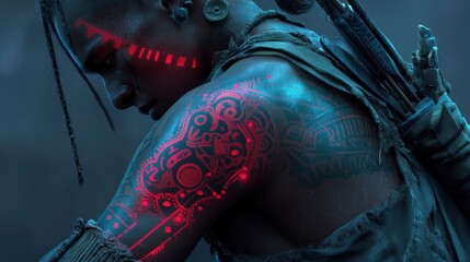 Futuristic tribal warrior with glowing tattoos.