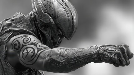 Close-up grayscale image of a futuristic warrior figure.