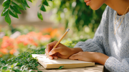 Person writing in notebook outdoor