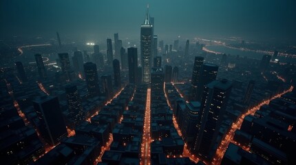 Fototapeta premium Aerial view of a city skyline at night during a power outage, with dark buildings and illuminated streets