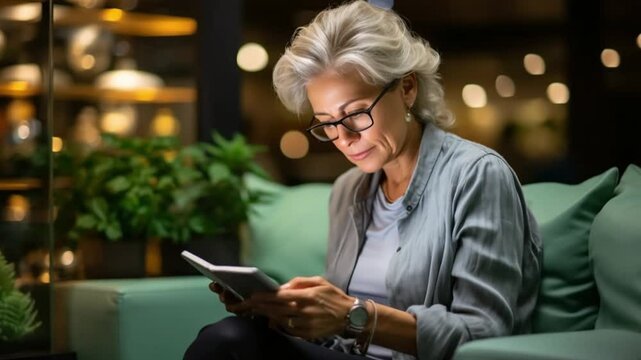 A woman in her 60s sits comfortably on a plush couch, deeply immersed in her e-reader
