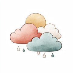 Abstract watercolor illustration of colorful clouds with raindrops and sun, symbolizing weather changes and nature's beauty in a whimsical style