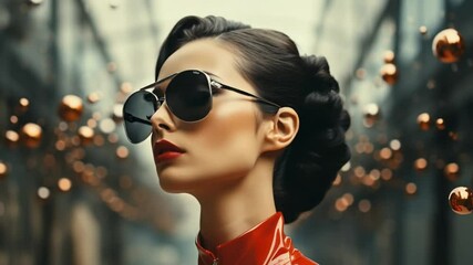A stylish model stands confidently in a vivid urban backdrop, flaunting oversized sunglasses and a chic outfit. The energetic atmosphere captures the essence of modern fashion with artistic flair