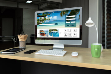 Naklejka premium Online hotel accommodation booking website provide modish reservation system . Travel technology concept .