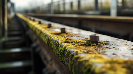 Obraz premium Close up of Mossy Railroad Track Bolts Aged Metal Texture Railway Detail