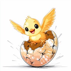 Fototapeta premium Cute Cartoon Baby Chick Hatching from Egg with Fluffy Yellow Feathers and Cheerful Expression, Spring Theme, Illustrative Style, Adorable Animal Concept