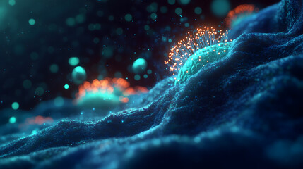 Microscopic Virus Cell Structure Glowing Neon Turquoise and Orange 3D Render