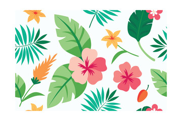 Summer Tropical Background with Hibiscus and Palm Leaves
