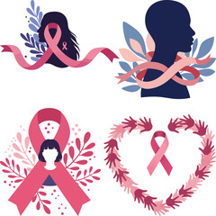 Fototapeta premium Artistic Breast Cancer Awareness Illustrations Pink Ribbons Female Silhouettes Decorative Elements