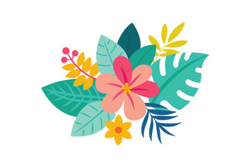 Summer Tropical Background with Hibiscus and Palm Leaves