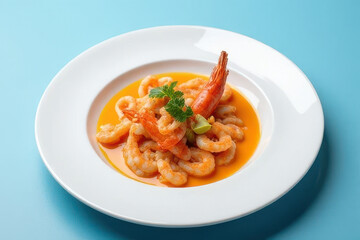 Delicious Prawn Laksa on White Plate Against Dusty Blue Backdrop - Clean Food Photography