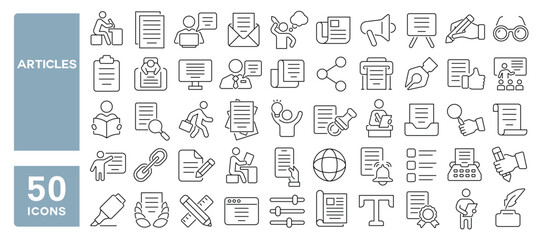 Set of 50 line icons related to articles, news, blog, newspaper, copywriting, newsletter, journalism, Editable stroke. Vector illustration