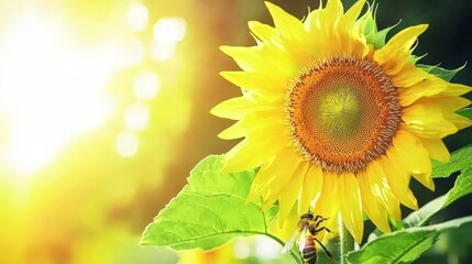 Obraz premium Close-up of Honeybee Collecting Nectar from Bright Sunflower