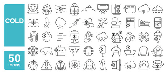 Set of 50 line icons related to cold, snowflake, ice, cool air, winter, freeze, snow, Editable stroke. Vector illustration