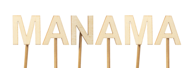 Manama, capital of Bahrain, written in large wooden letters on white background