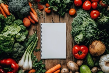 Blank notepad surrounded by fresh vegetables on wooden surface