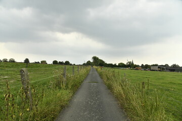 Chemin asphalt&eacute; entre les prairies sous un ciel gris &agrave; Ghislenghien (Ath)