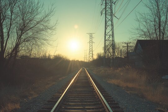 Sunlit railway tracks receding into a hazy sunset landscape