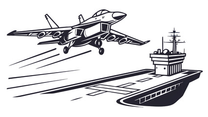 Aircraft carrier, fighter jet landing, take off from CARRIER in a war situation, black & white vector illustration 