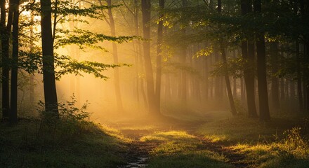 A serene forest at dawn with soft morning light filtering through the trees, mist rising from the ground