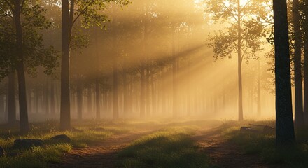 Obraz premium A serene forest at dawn with soft morning light filtering through the trees, mist rising from the ground
