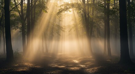A serene forest at dawn with soft morning light filtering through the trees, mist rising from the ground