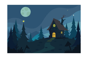 Witch House in Forest Landscape at Night 