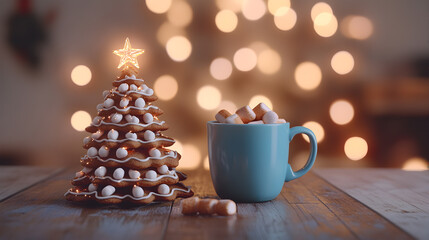 Christmas Chocolate Tree with Marshmallows and Hot Cocoa in a Blue Mug