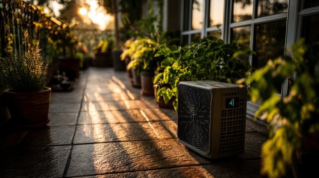 Cozy Evening on a Balcony with Air Conditioner Surrounded by Lush Green Plants, Sunlight Casting Warm Glow on Paved Flooring and Serenity - Powered by Adobe
