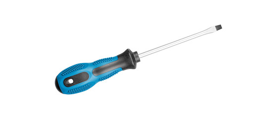 flathead screwdrivers blue color on isolated white background close-up