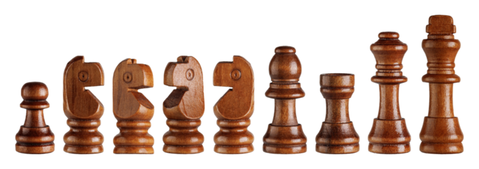 Closeup of a black wooden chess set with king, queen, bishop, knight, rook, and pawn on white backdrop. Ideal for strategy games, education, and creative visuals.