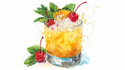 Tropical Cocktail Drink Glass Overflowing Refreshing Fruit Ingredients Vibrant Fresh Juicy Beverage Garnish Orange Pineapple Cherry Mint Sweet Ice Summer Artisanal Mixology Party Bar Fun Celebration