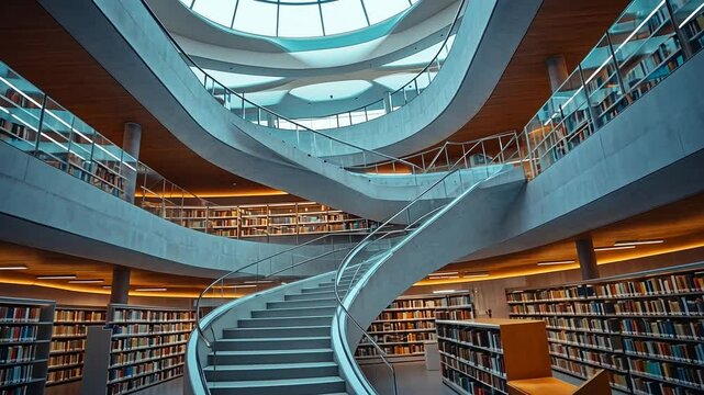 Modern library interior with spiral staircase and books (1)
