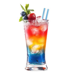 Vibrant glass of colorful beverage garnished with mint and fruits served in a refreshing setting, glass colorful drink with a garnish on the rim, white background
