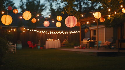 Romantic Backyard Evening Party with String Lights and Paper Lanterns