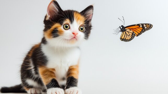 A curious calico kitten stares wide-eyed at a butterfly fluttering nearby, its patchy fur vibrant against a clean white background, capturing a moment of playful discovery.