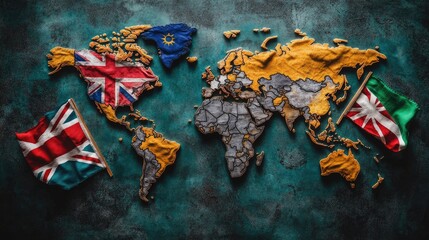 Naklejka premium Abstract world map with textures and flags illustration. Representing global connections and international themes with artistic visuals. Symbolizing globalization and international relations.