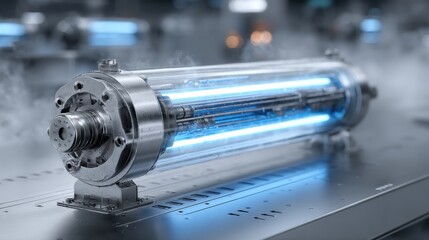 Futuristic cylindrical reactor glowing blue inside clean high-tech lab surrounded by vapor ideal for energy research, advanced power systems and sci-fi industrial design visuals