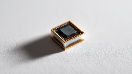 Macro shot of a tiny square microchip on a white textured surface under soft daylight, representing compact semiconductor technology and advanced embedded systems