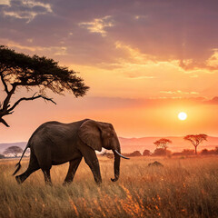 Naklejka premium Gentle Giant Elephant Wandering Through Golden Savannah