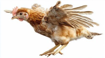 A brown hen in mid-flap with wings open, showing feather layers in motion. The transparent background enhances its lifelike, almost three-dimensional form.