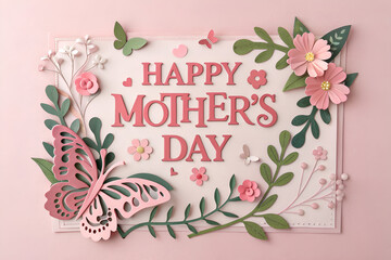 Happy Mother's Day with craft paper Flowers, Leaves and Butterflies on Pink Background 